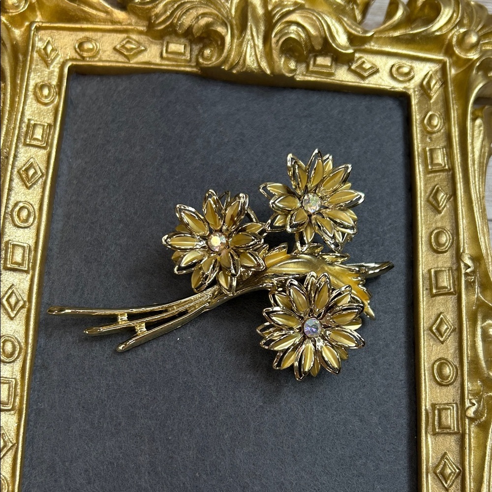 Gold Floral Brooch with AB Crystal Rhinestone Accents